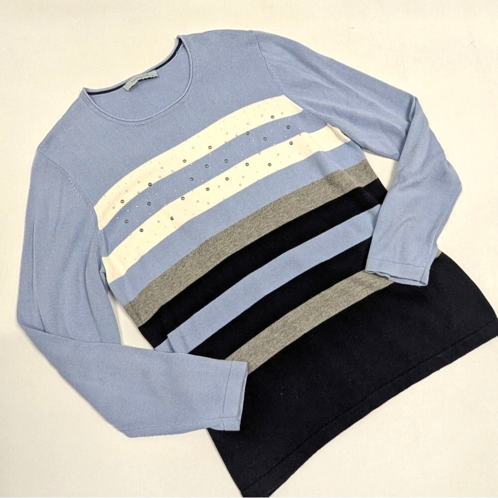 Quiet Luxury Striped Embellished Knit Sweater Notting Hill Blue Size 12